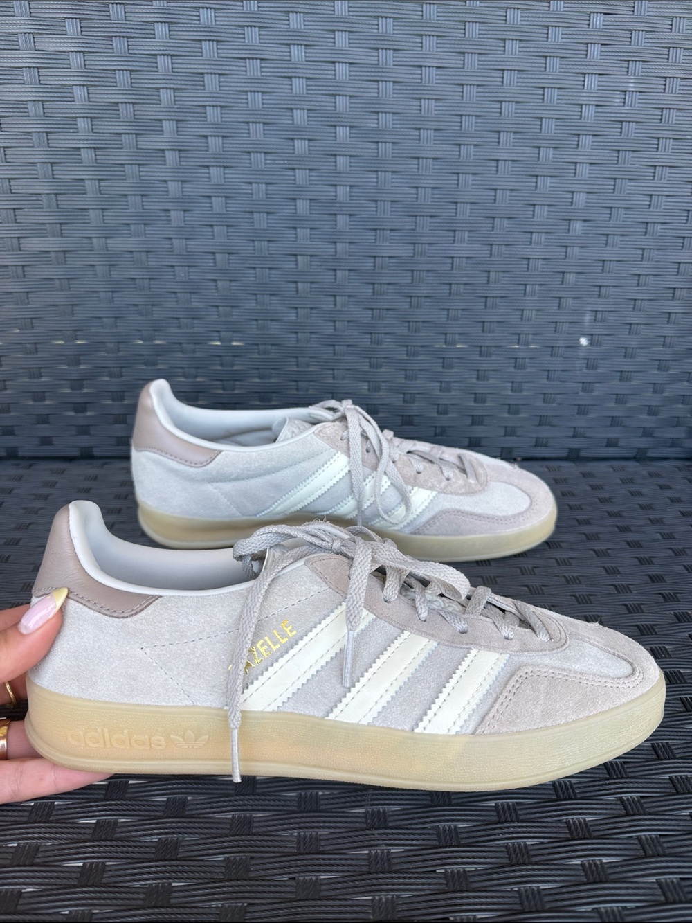 Adidas Gazelle Suede Sneakers in Taupe/Brown, Cream, and Gold